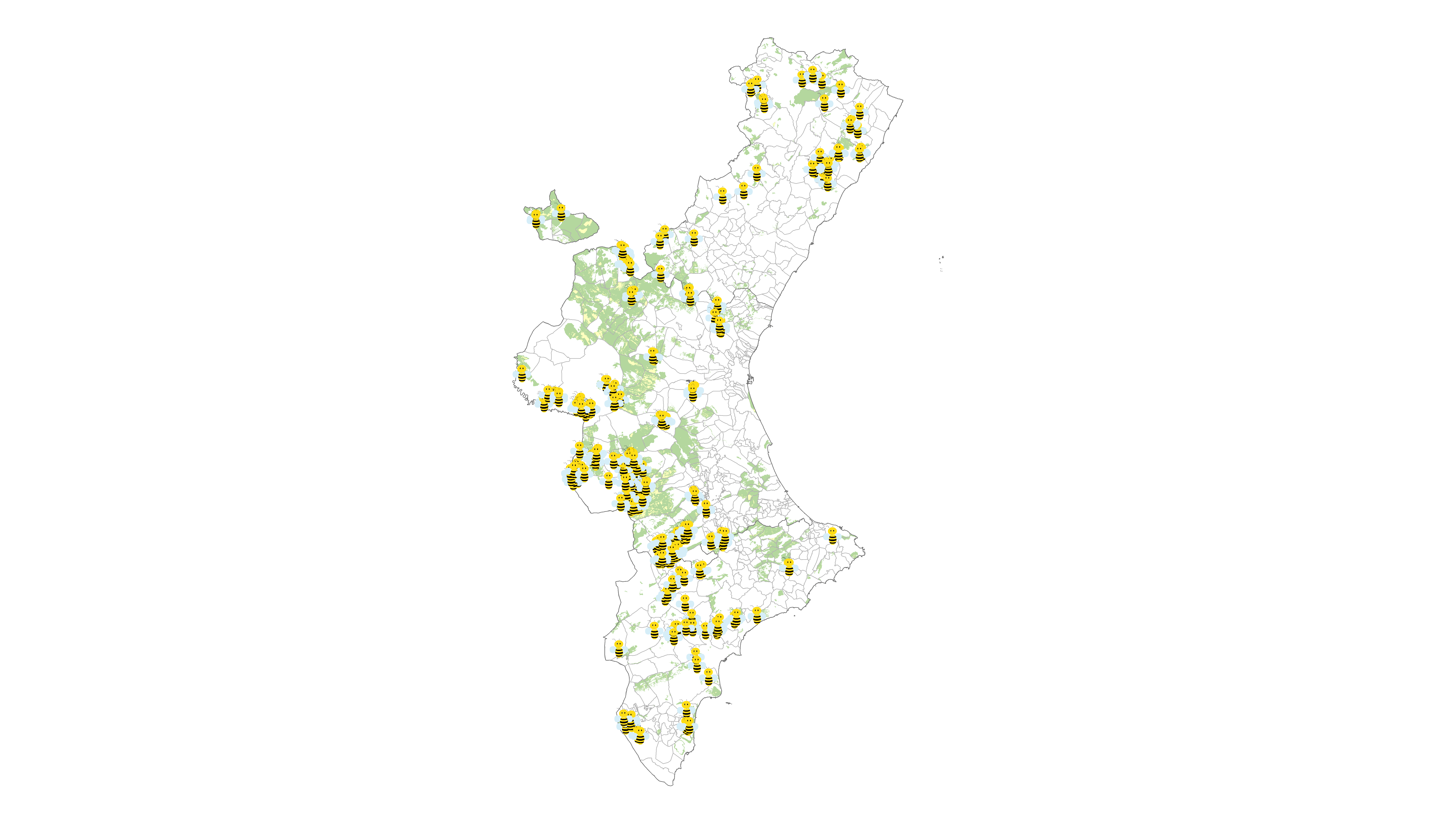 Distribución de los asentamientos apícolas gratuitos en montes propiedad de la Generalitat Valenciana